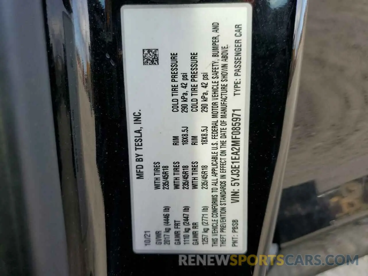12 fotografías del automóvil dañado 5YJ3E1EA2MF085971 TESLA MODEL 3 2021