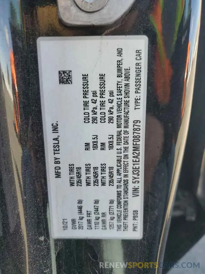 14 fotografías del automóvil dañado 5YJ3E1EA2MF087879 TESLA MODEL 3 2021