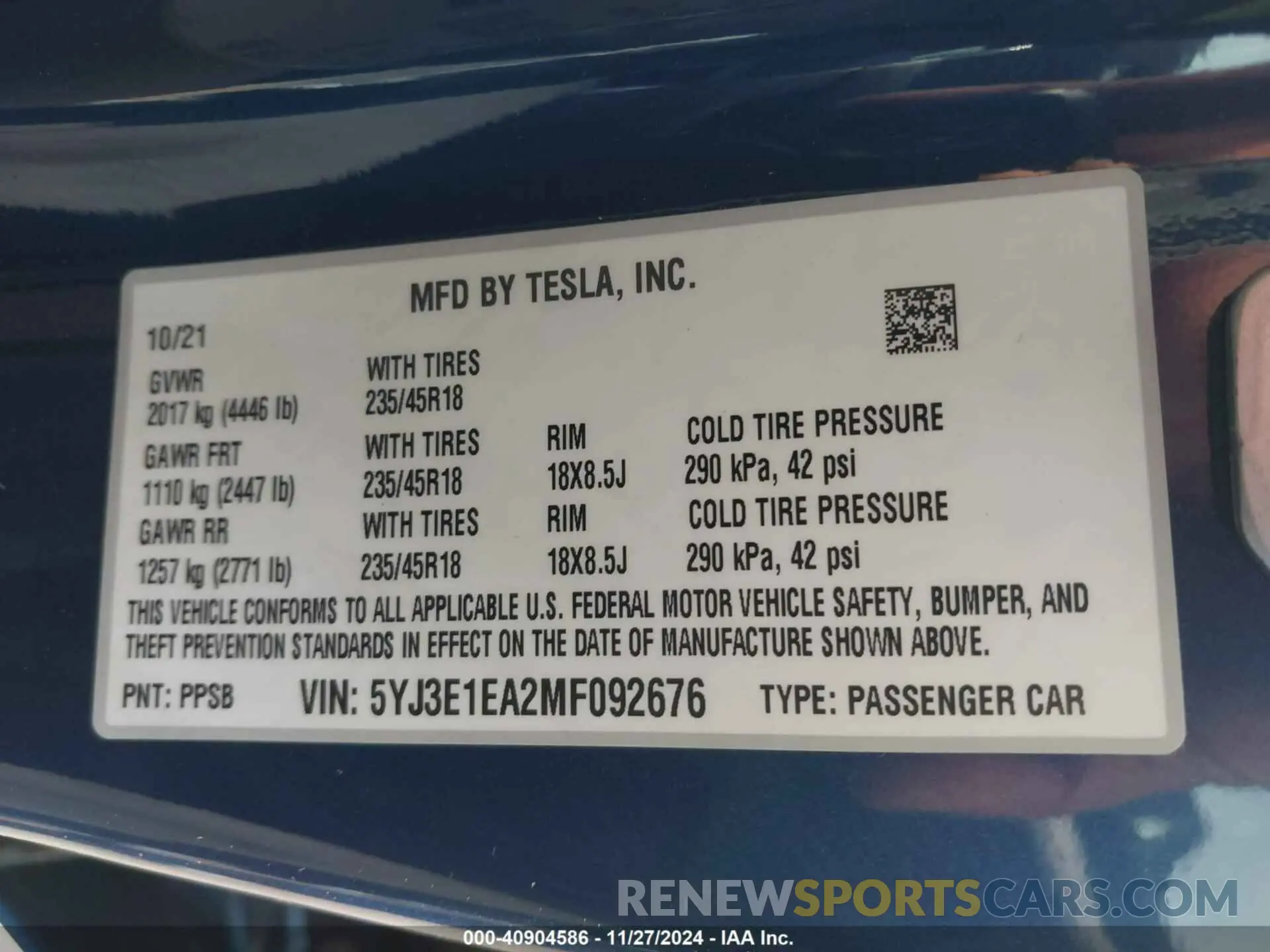 9 fotografías del automóvil dañado 5YJ3E1EA2MF092676 TESLA MODEL 3 2021