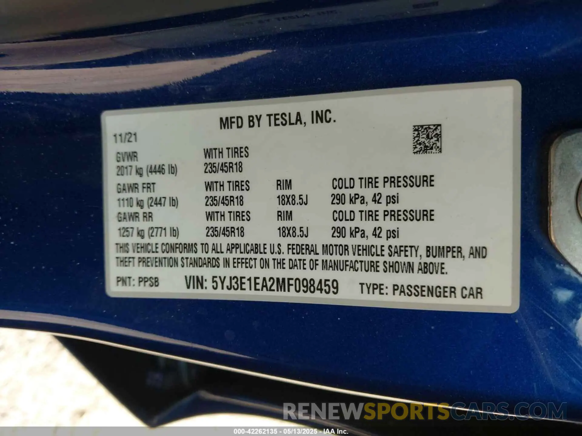 9 fotografías del automóvil dañado 5YJ3E1EA2MF098459 TESLA MODEL 3 2021