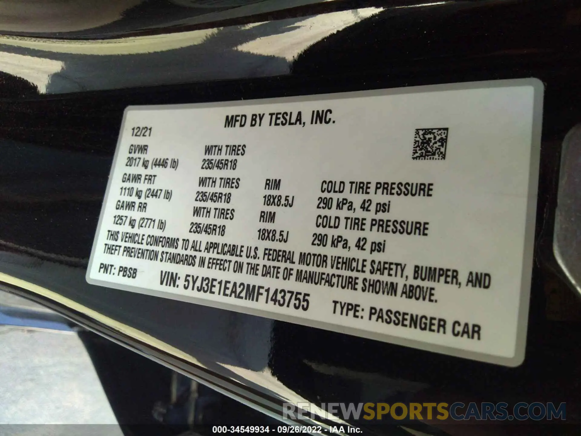 9 fotografías del automóvil dañado 5YJ3E1EA2MF143755 TESLA MODEL 3 2021