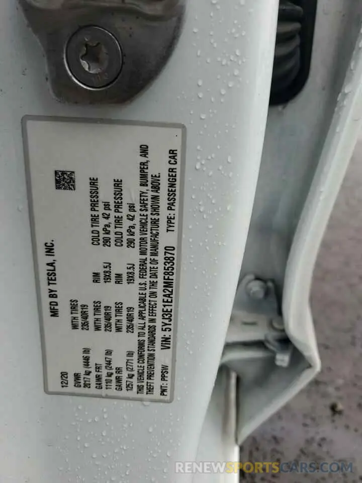 12 fotografías del automóvil dañado 5YJ3E1EA2MF853870 TESLA MODEL 3 2021