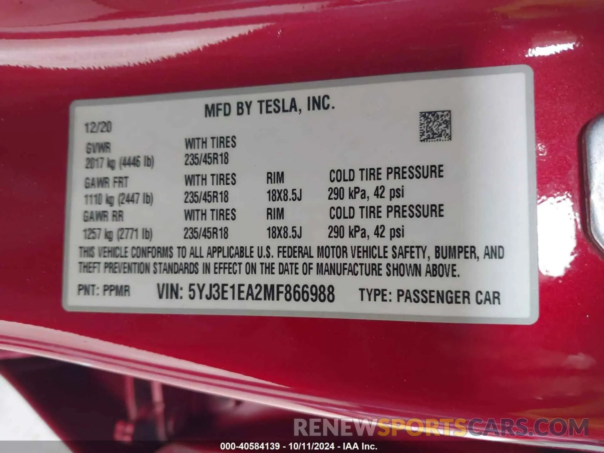 9 fotografías del automóvil dañado 5YJ3E1EA2MF866988 TESLA MODEL 3 2021