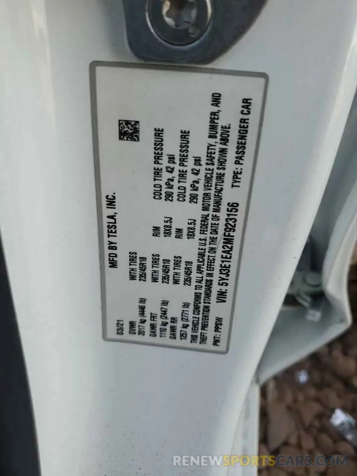 12 fotografías del automóvil dañado 5YJ3E1EA2MF923156 TESLA MODEL 3 2021