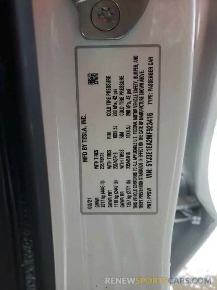 10 fotografías del automóvil dañado 5YJ3E1EA2MF923416 TESLA MODEL 3 2021