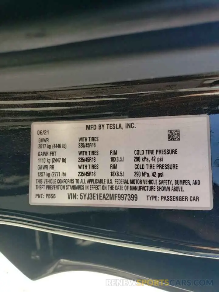 12 fotografías del automóvil dañado 5YJ3E1EA2MF997399 TESLA MODEL 3 2021