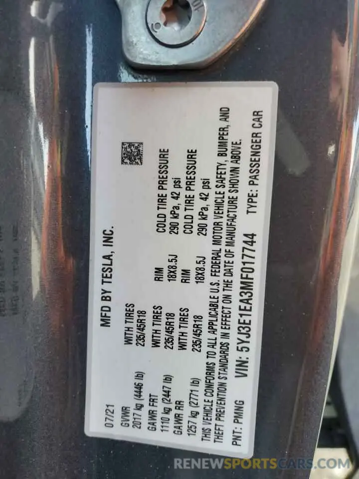 12 fotografías del automóvil dañado 5YJ3E1EA3MF017744 TESLA MODEL 3 2021