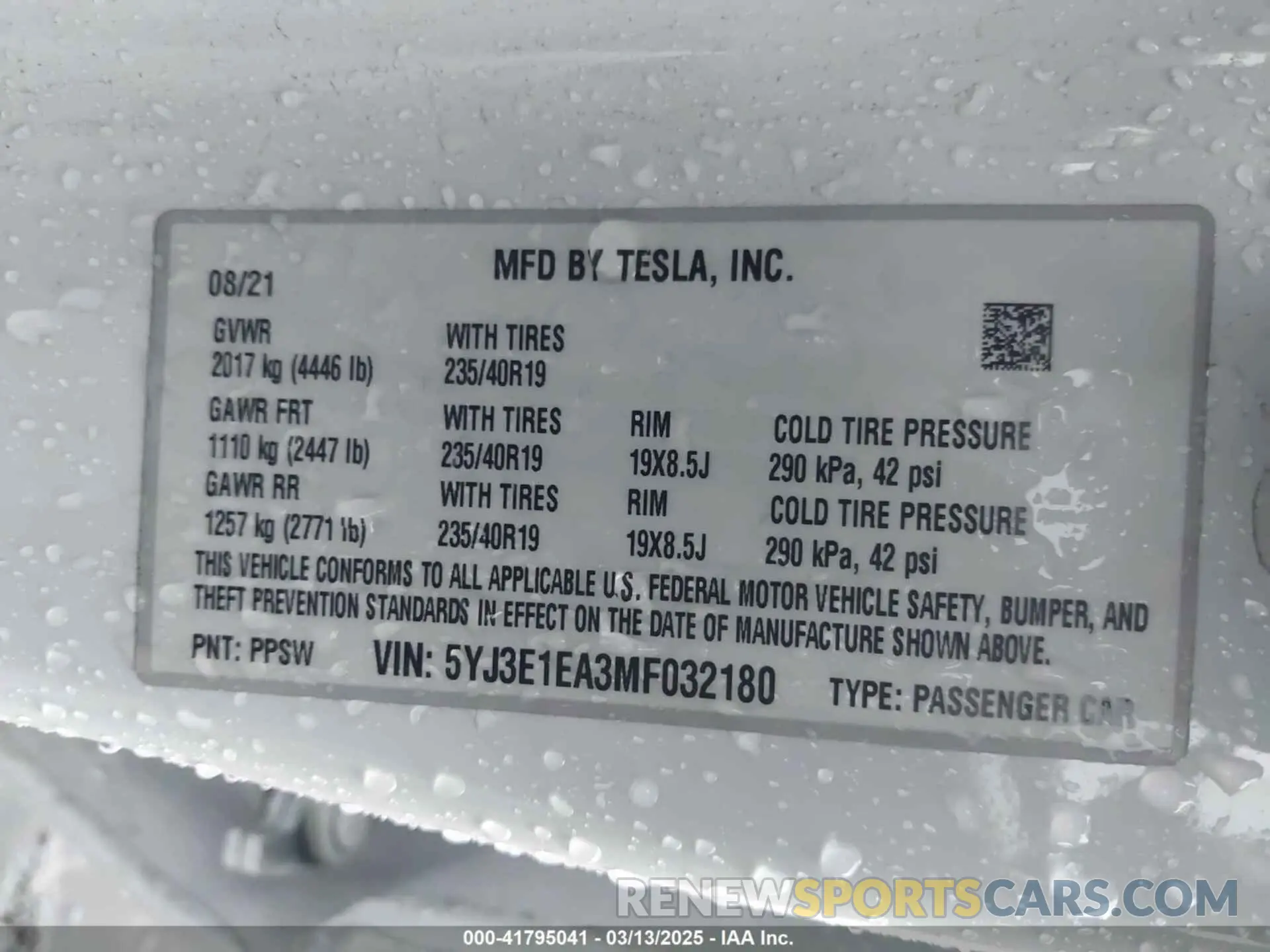 9 fotografías del automóvil dañado 5YJ3E1EA3MF032180 TESLA MODEL 3 2021