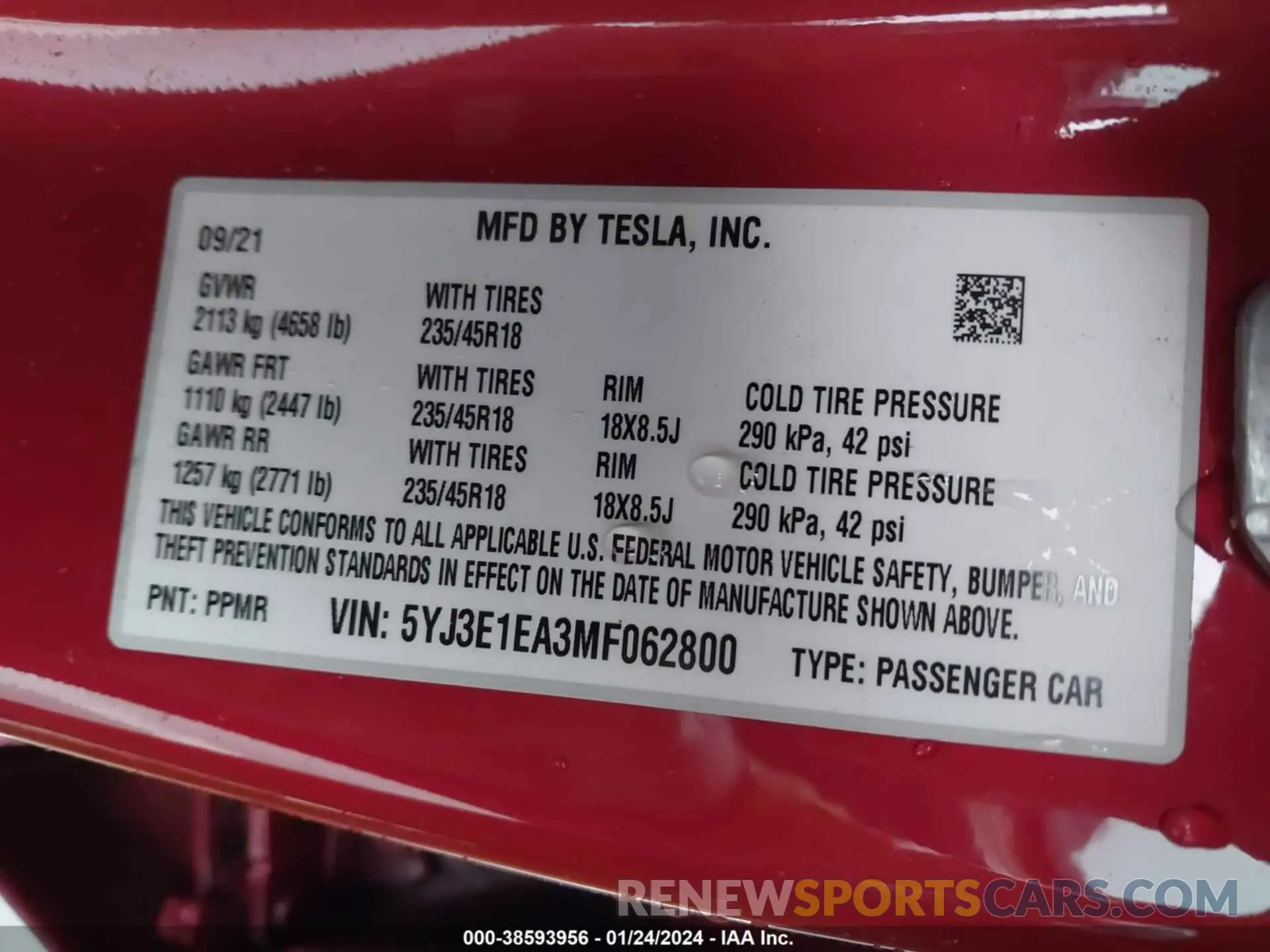 9 fotografías del automóvil dañado 5YJ3E1EA3MF062800 TESLA MODEL 3 2021