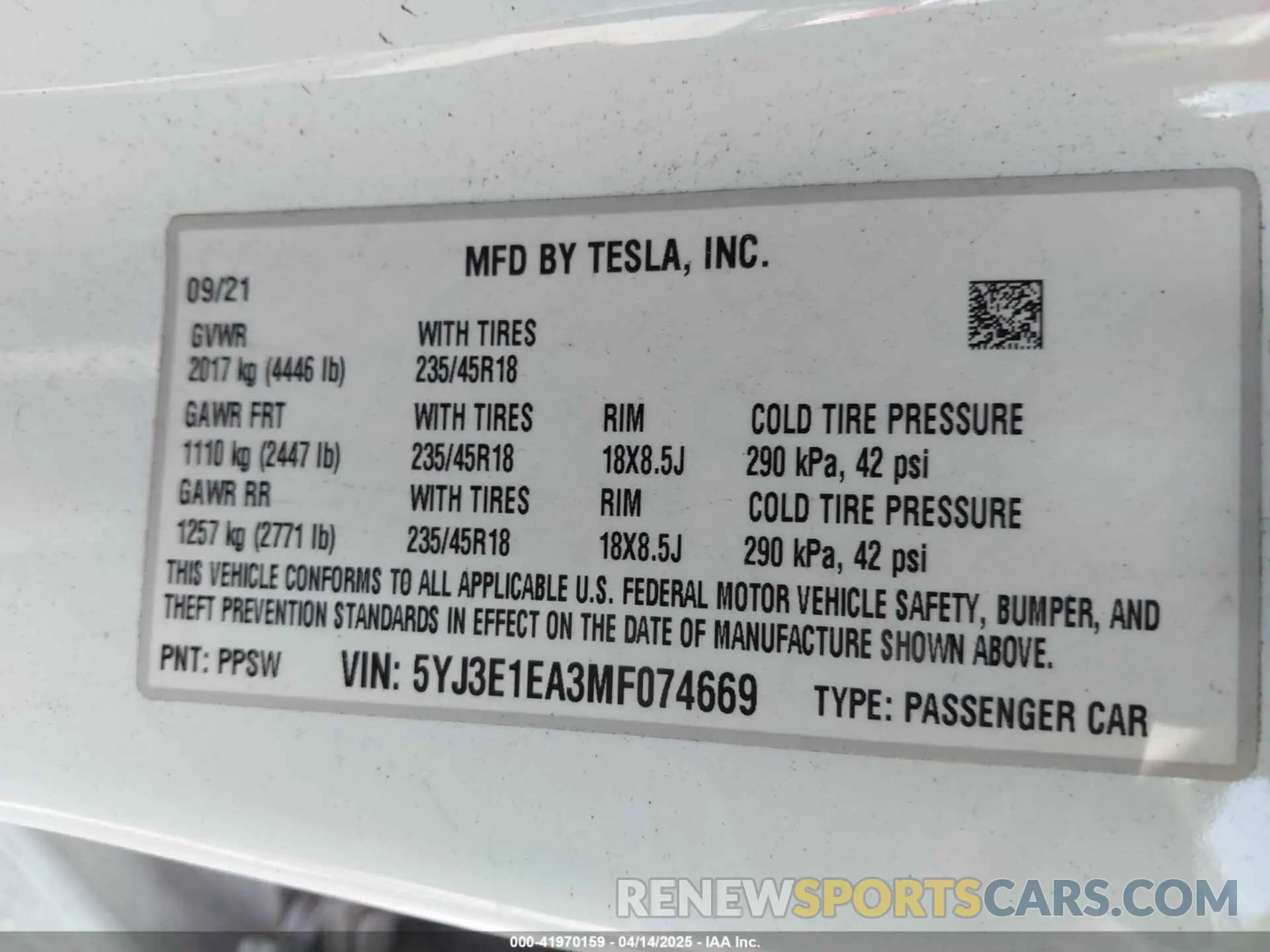9 fotografías del automóvil dañado 5YJ3E1EA3MF074669 TESLA MODEL 3 2021