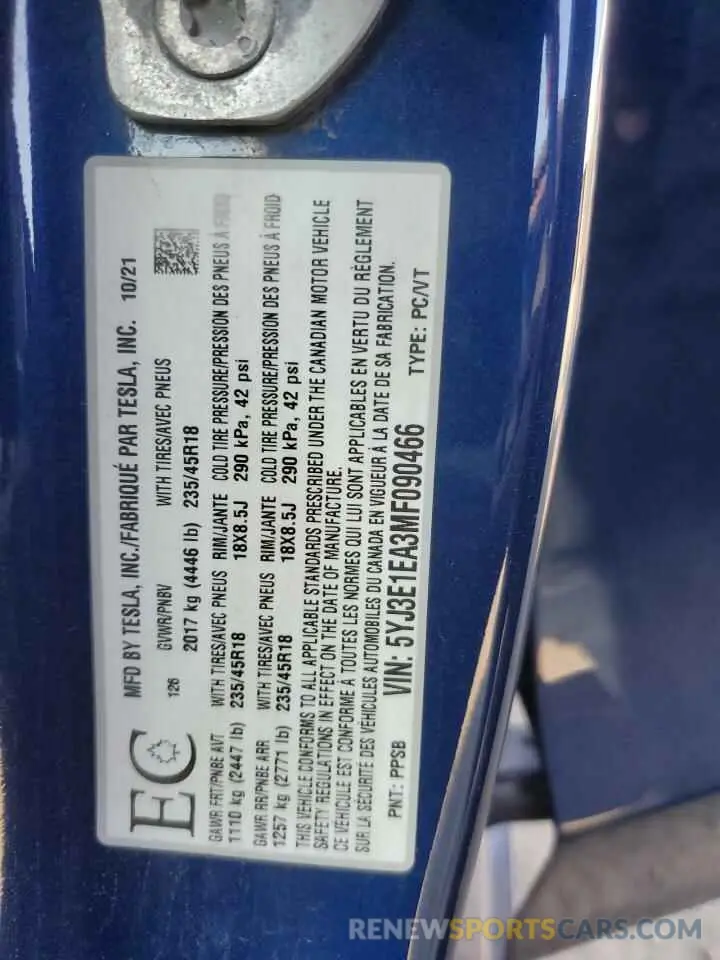 12 fotografías del automóvil dañado 5YJ3E1EA3MF090466 TESLA MODEL 3 2021