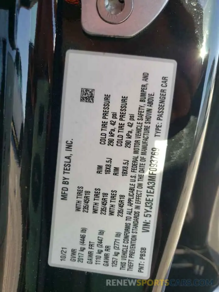 10 fotografías del automóvil dañado 5YJ3E1EA3MF093769 TESLA MODEL 3 2021