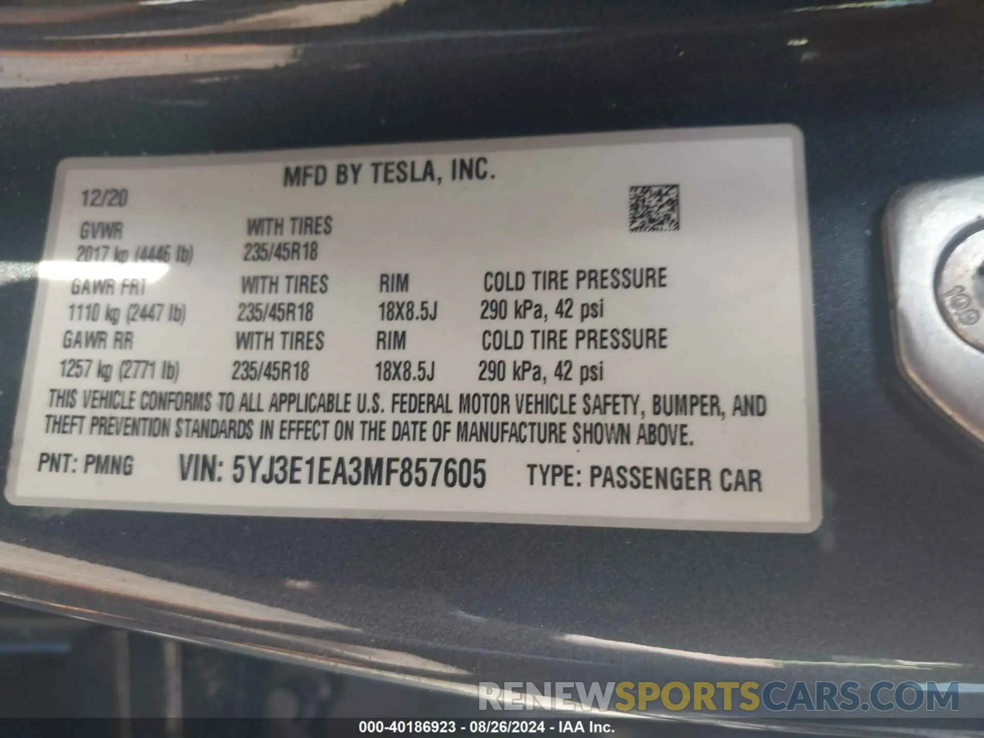 9 fotografías del automóvil dañado 5YJ3E1EA3MF857605 TESLA MODEL 3 2021