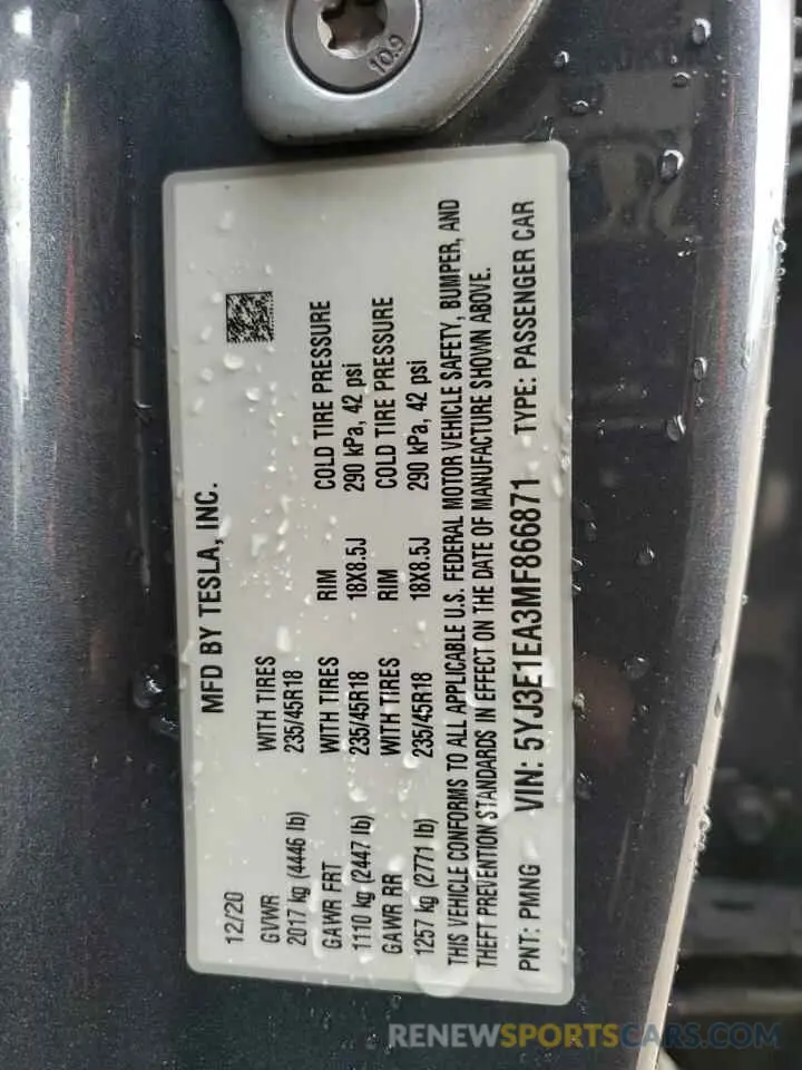 13 fotografías del automóvil dañado 5YJ3E1EA3MF866871 TESLA MODEL 3 2021