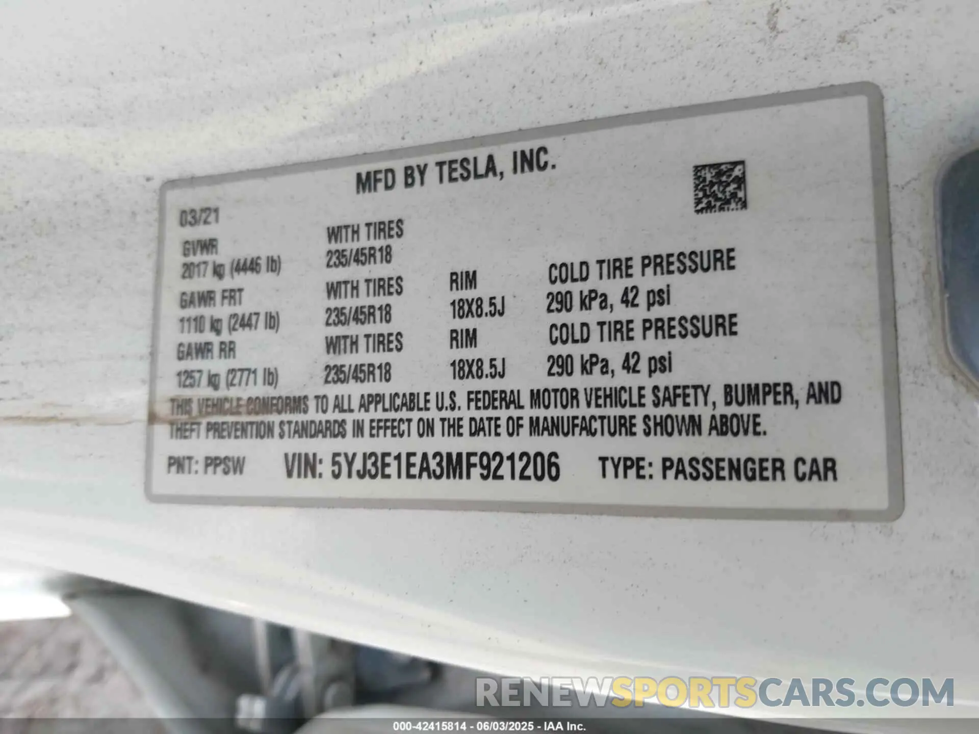 9 fotografías del automóvil dañado 5YJ3E1EA3MF921206 TESLA MODEL 3 2021