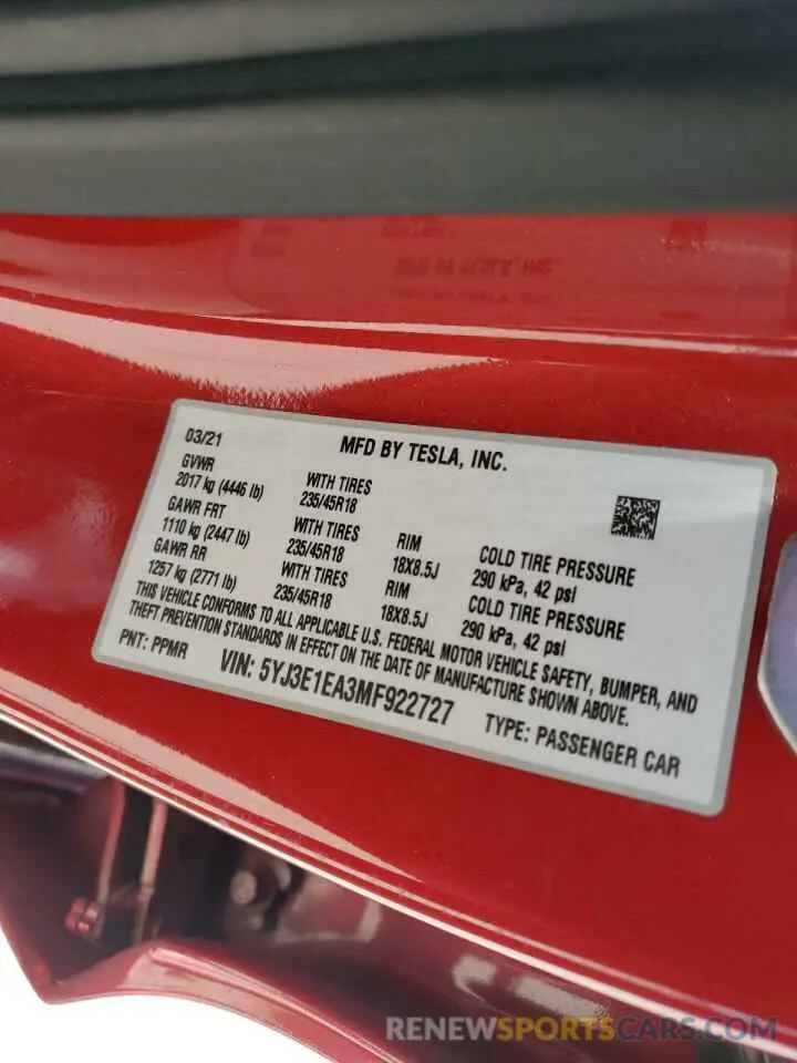 13 fotografías del automóvil dañado 5YJ3E1EA3MF922727 TESLA MODEL 3 2021