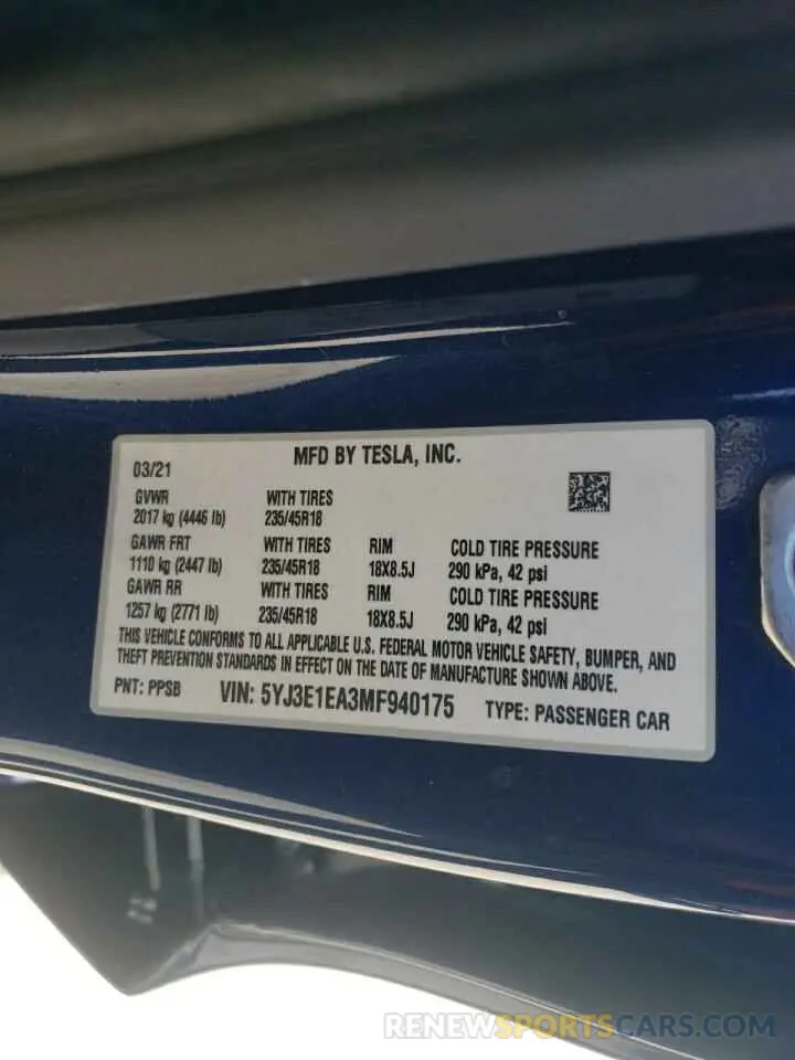 14 fotografías del automóvil dañado 5YJ3E1EA3MF940175 TESLA MODEL 3 2021
