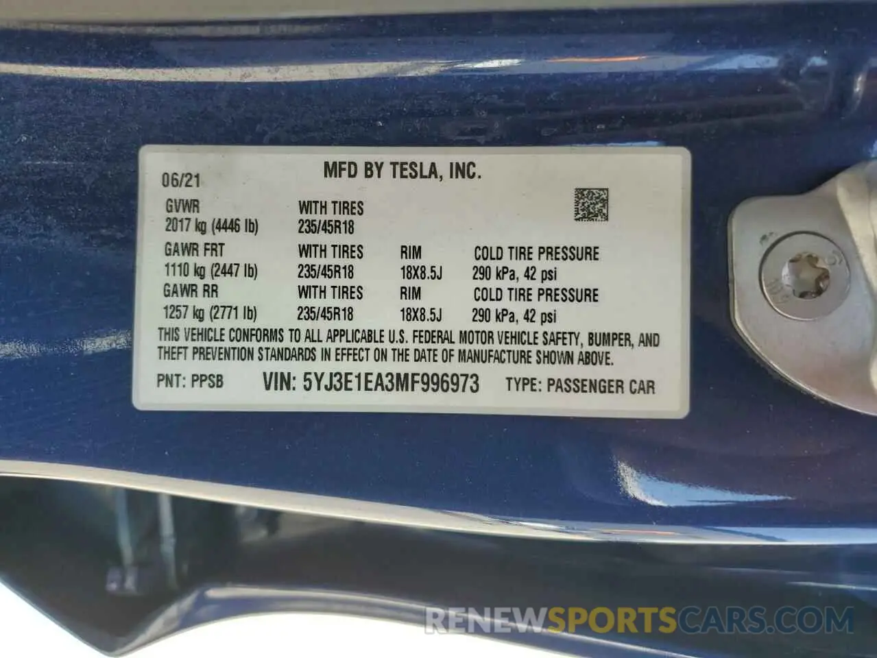 13 fotografías del automóvil dañado 5YJ3E1EA3MF996973 TESLA MODEL 3 2021