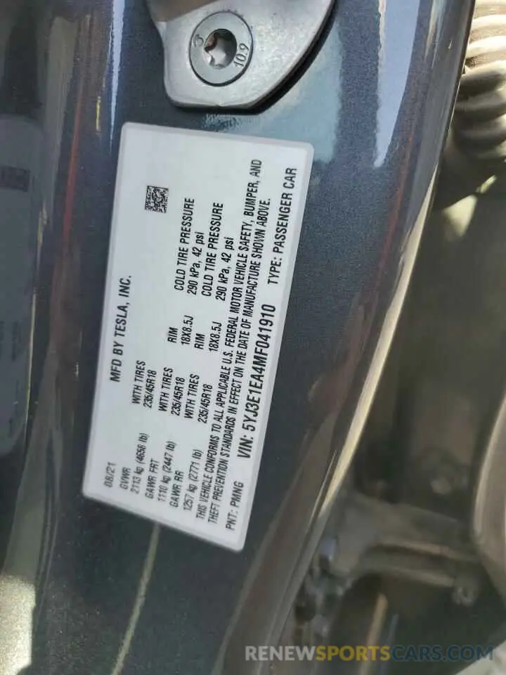 12 fotografías del automóvil dañado 5YJ3E1EA4MF041910 TESLA MODEL 3 2021