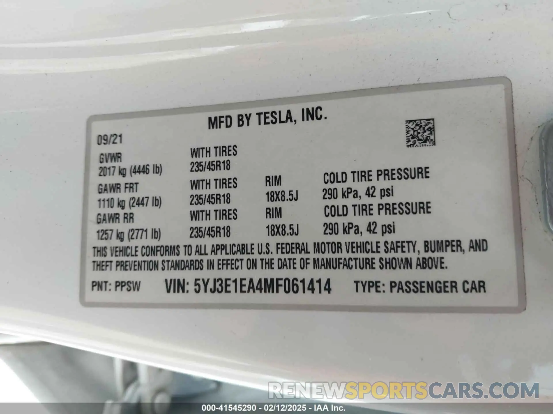 9 fotografías del automóvil dañado 5YJ3E1EA4MF061414 TESLA MODEL 3 2021