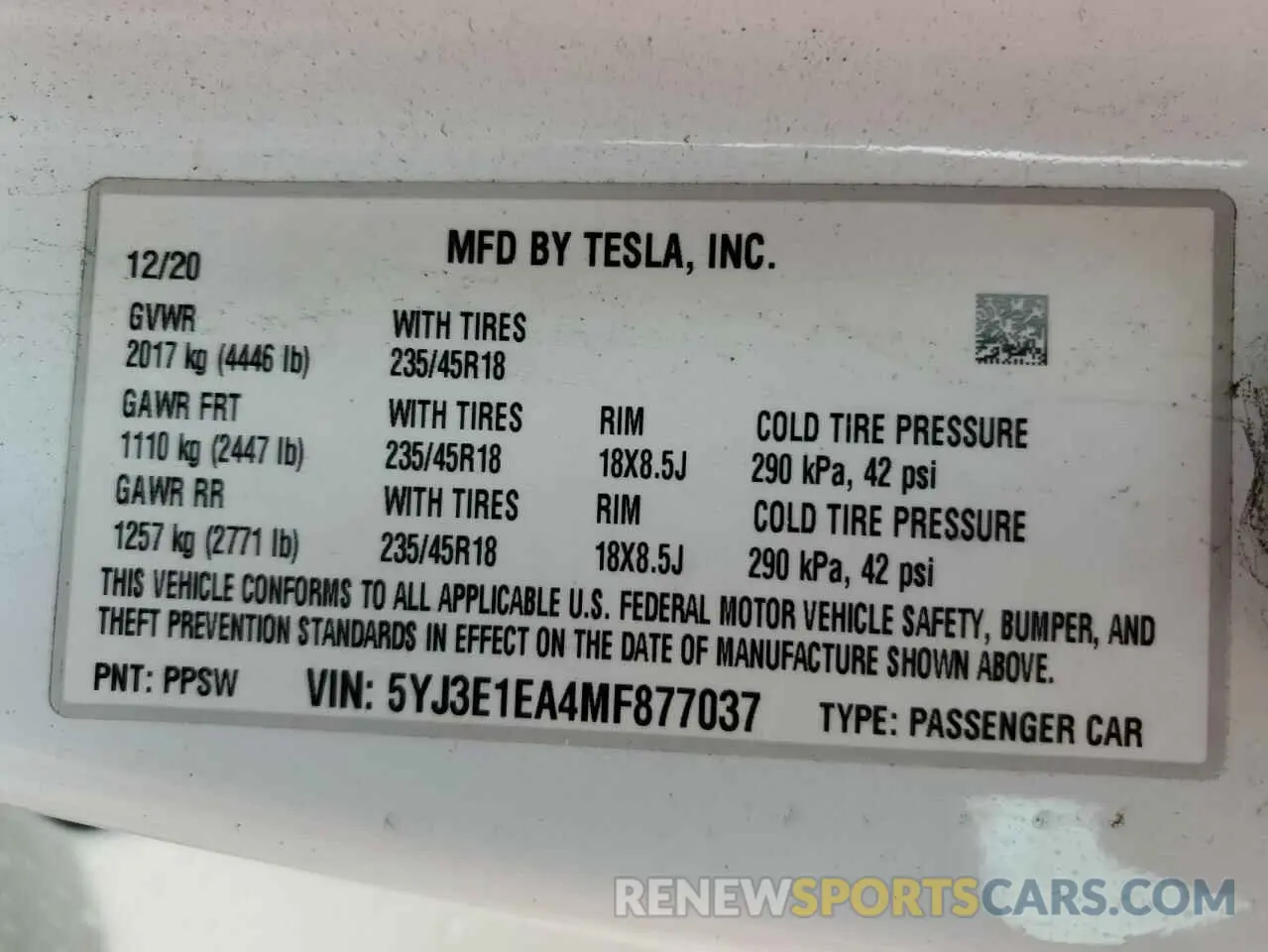 15 fotografías del automóvil dañado 5YJ3E1EA4MF877037 TESLA MODEL 3 2021