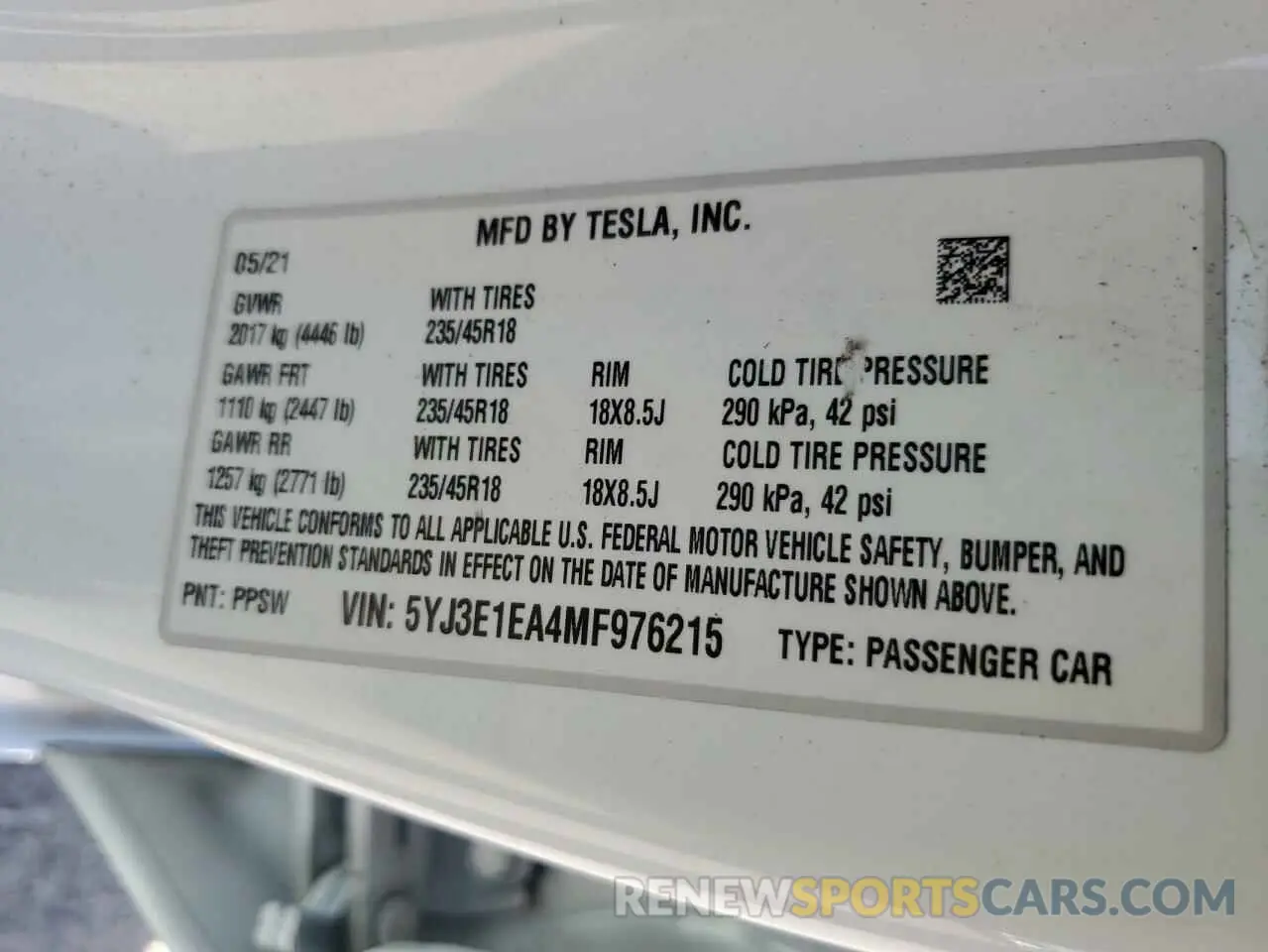 12 fotografías del automóvil dañado 5YJ3E1EA4MF976215 TESLA MODEL 3 2021
