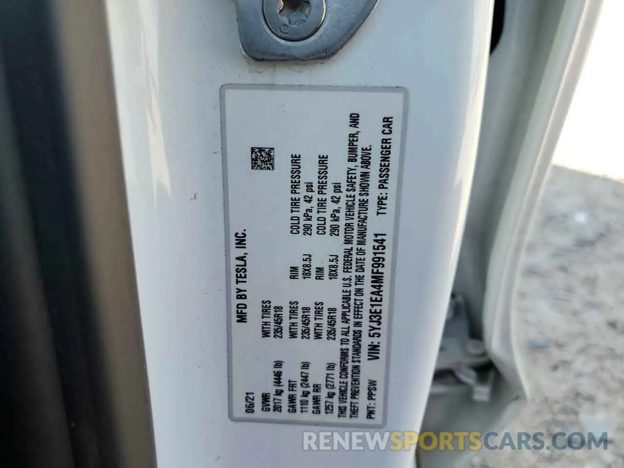10 fotografías del automóvil dañado 5YJ3E1EA4MF991541 TESLA MODEL 3 2021