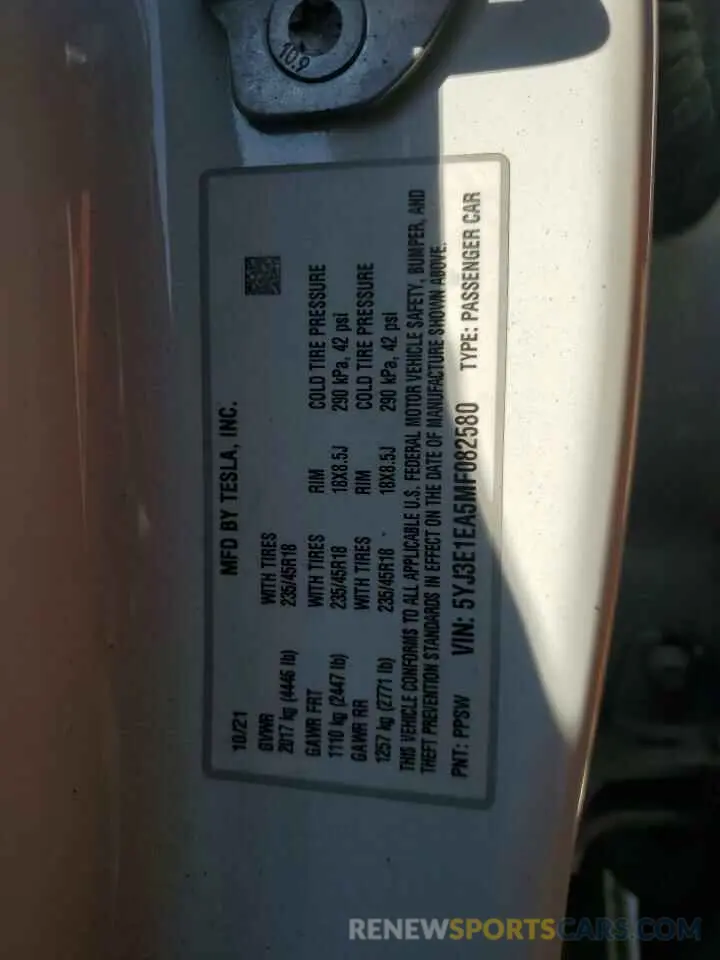 12 fotografías del automóvil dañado 5YJ3E1EA5MF082580 TESLA MODEL 3 2021