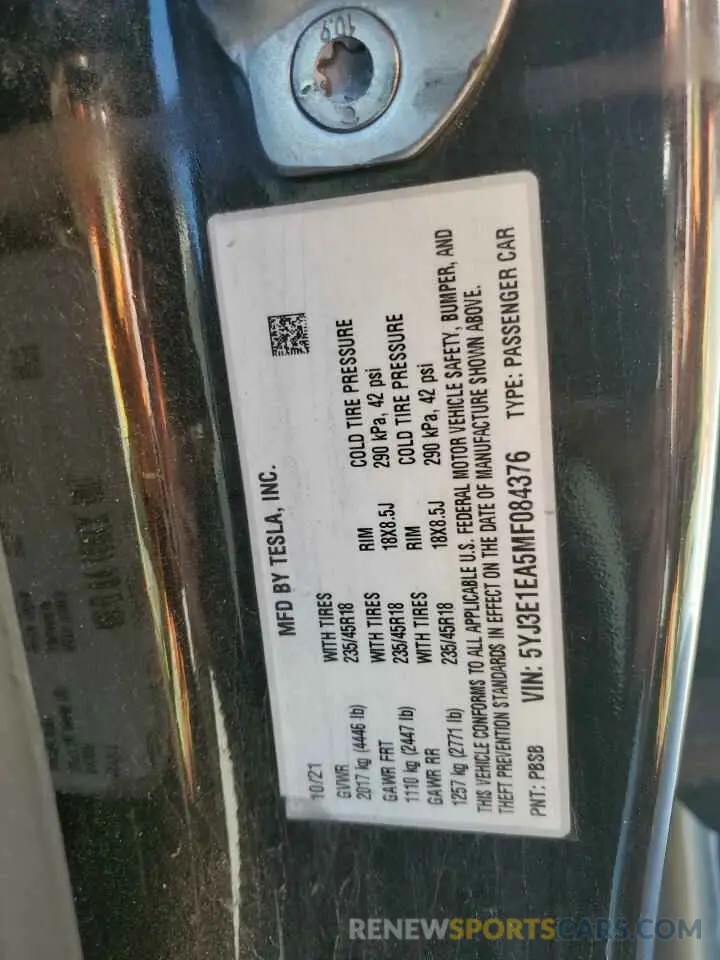 12 fotografías del automóvil dañado 5YJ3E1EA5MF084376 TESLA MODEL 3 2021