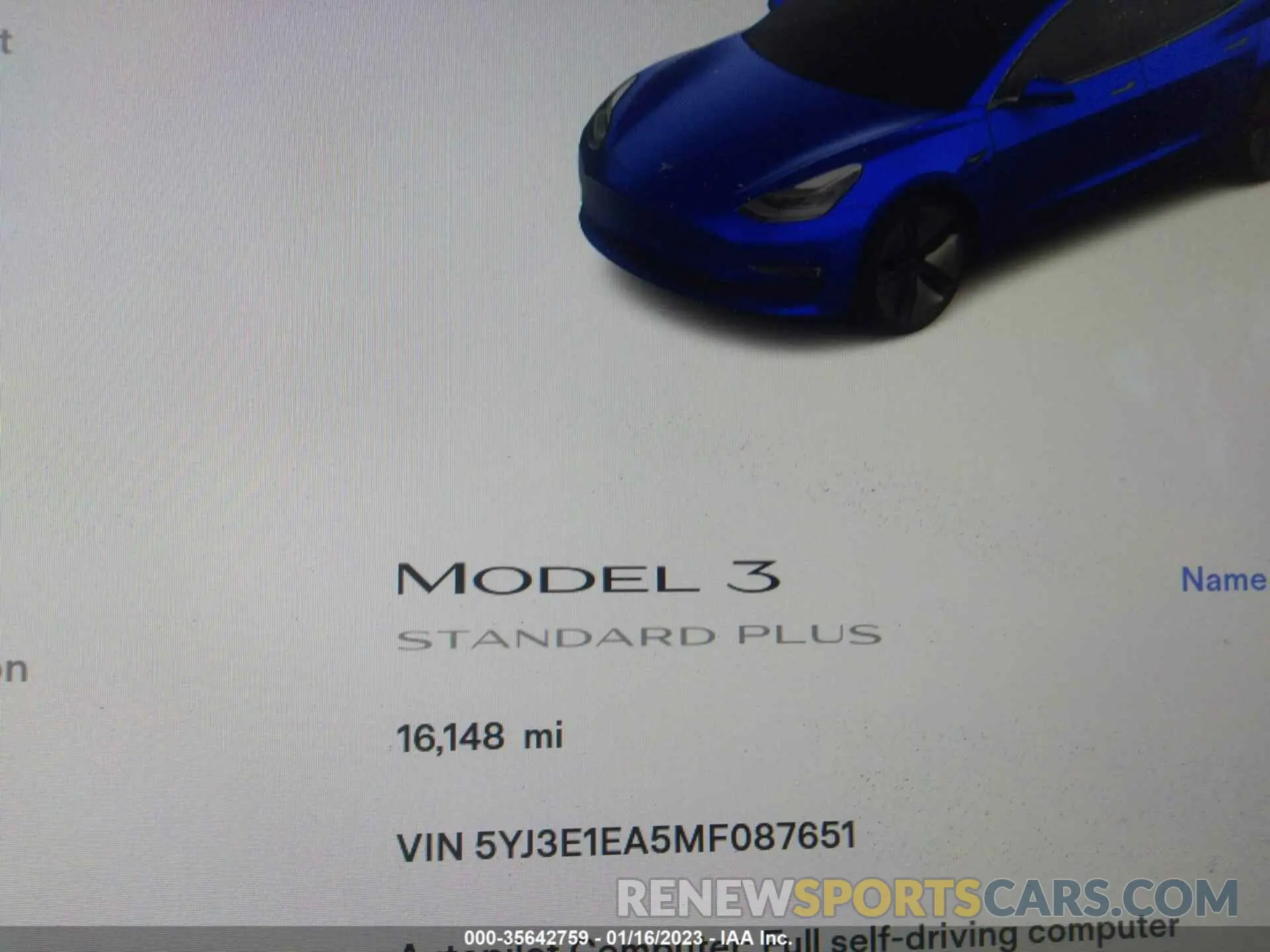7 fotografías del automóvil dañado 5YJ3E1EA5MF087651 TESLA MODEL 3 2021