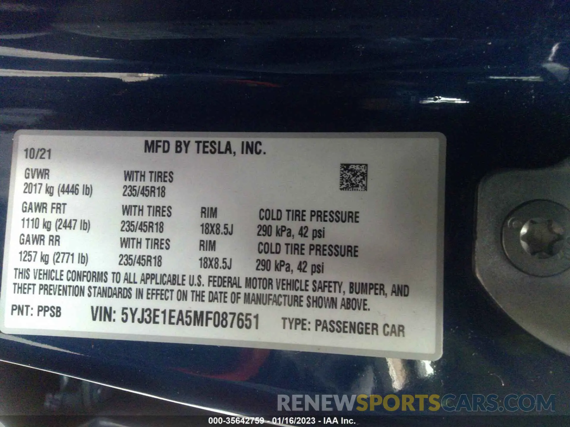 9 fotografías del automóvil dañado 5YJ3E1EA5MF087651 TESLA MODEL 3 2021