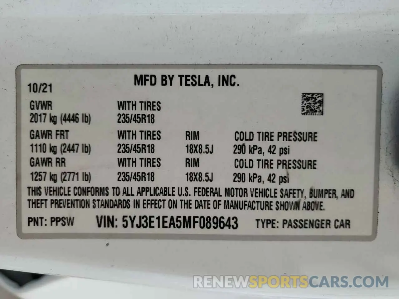 12 fotografías del automóvil dañado 5YJ3E1EA5MF089643 TESLA MODEL 3 2021