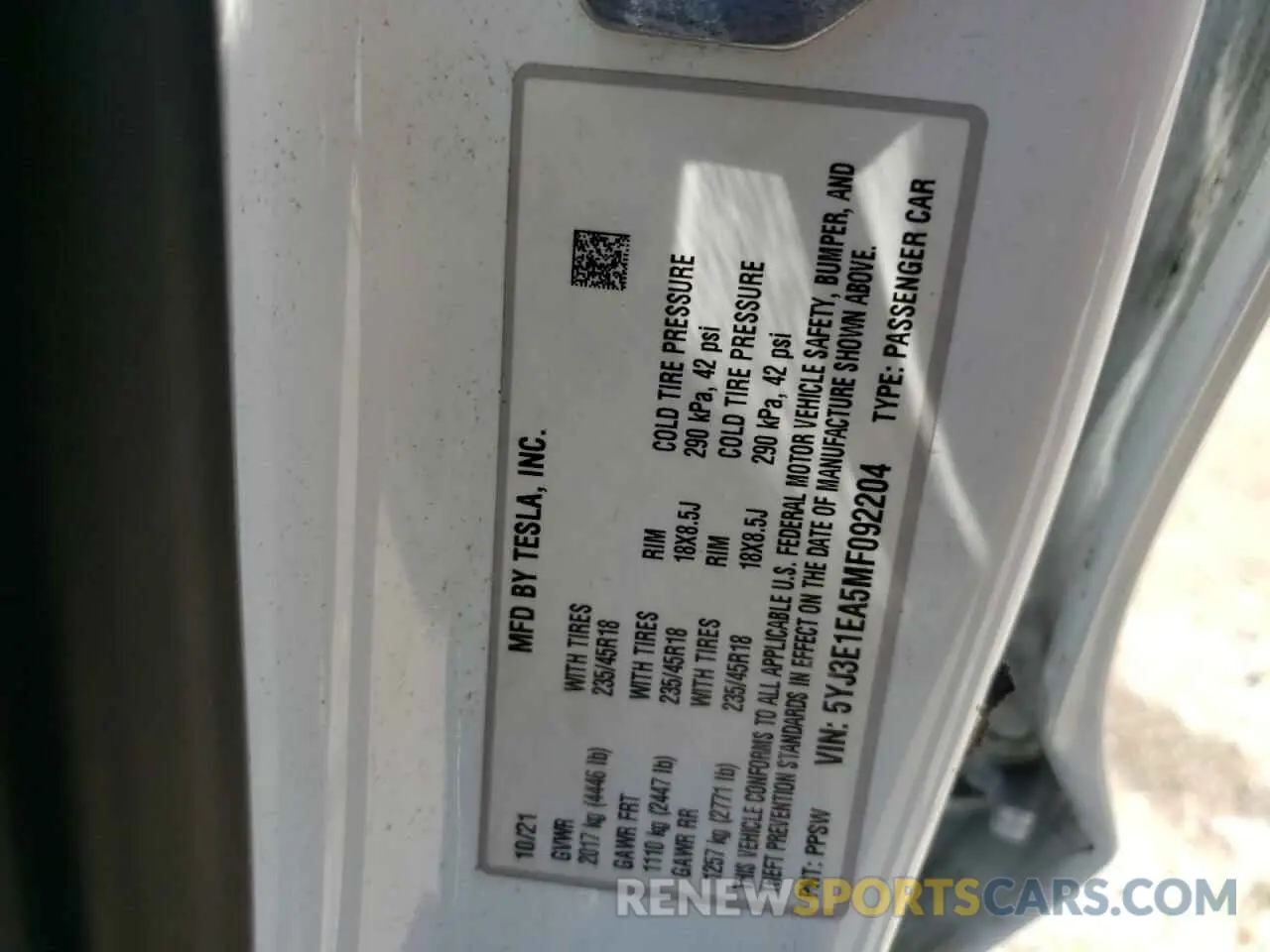 10 fotografías del automóvil dañado 5YJ3E1EA5MF092204 TESLA MODEL 3 2021