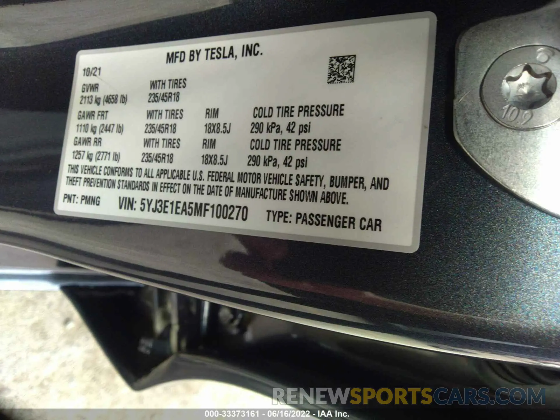 9 fotografías del automóvil dañado 5YJ3E1EA5MF100270 TESLA MODEL 3 2021