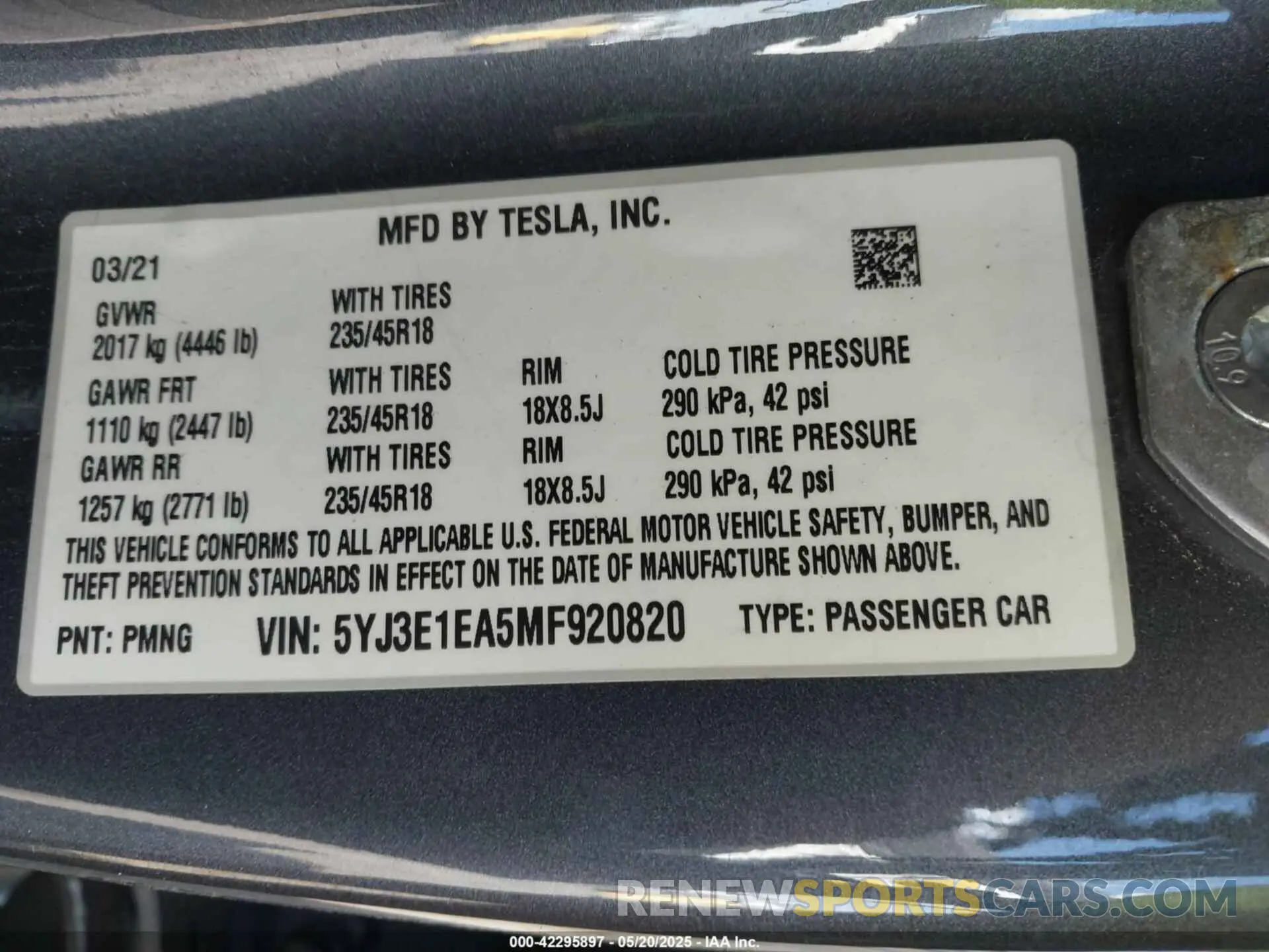 9 fotografías del automóvil dañado 5YJ3E1EA5MF920820 TESLA MODEL 3 2021