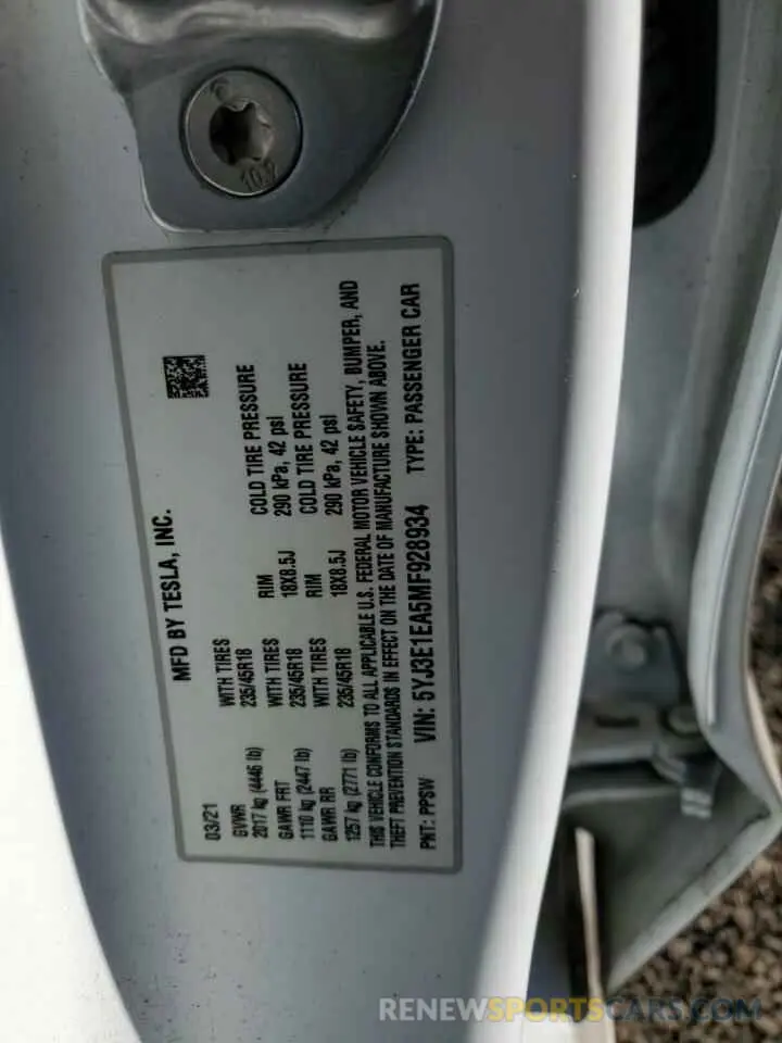 12 fotografías del automóvil dañado 5YJ3E1EA5MF928934 TESLA MODEL 3 2021