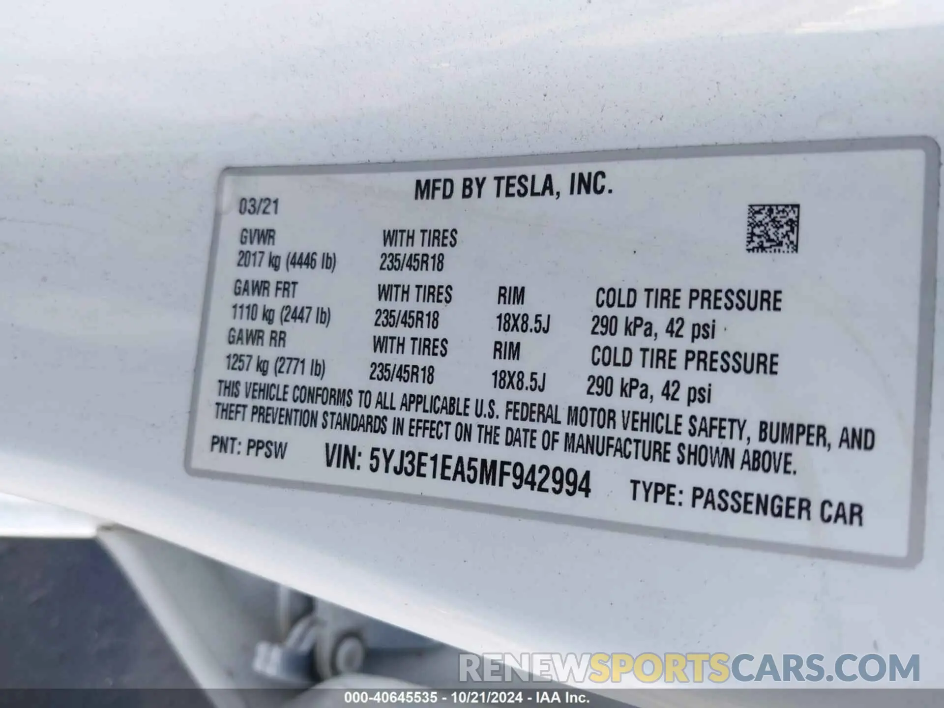 9 fotografías del automóvil dañado 5YJ3E1EA5MF942994 TESLA MODEL 3 2021