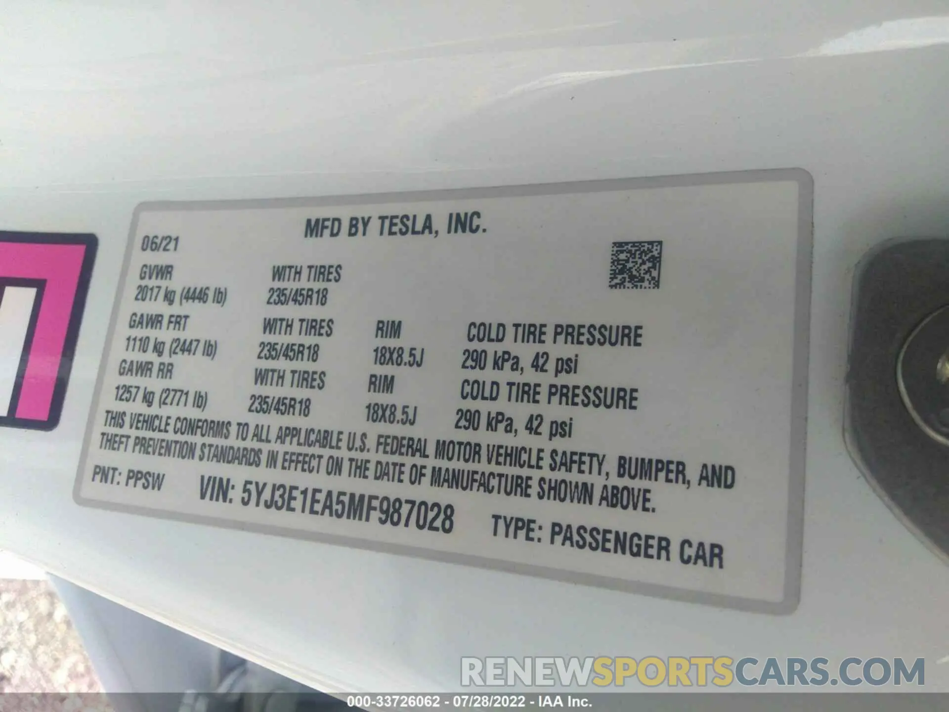 9 fotografías del automóvil dañado 5YJ3E1EA5MF987028 TESLA MODEL 3 2021