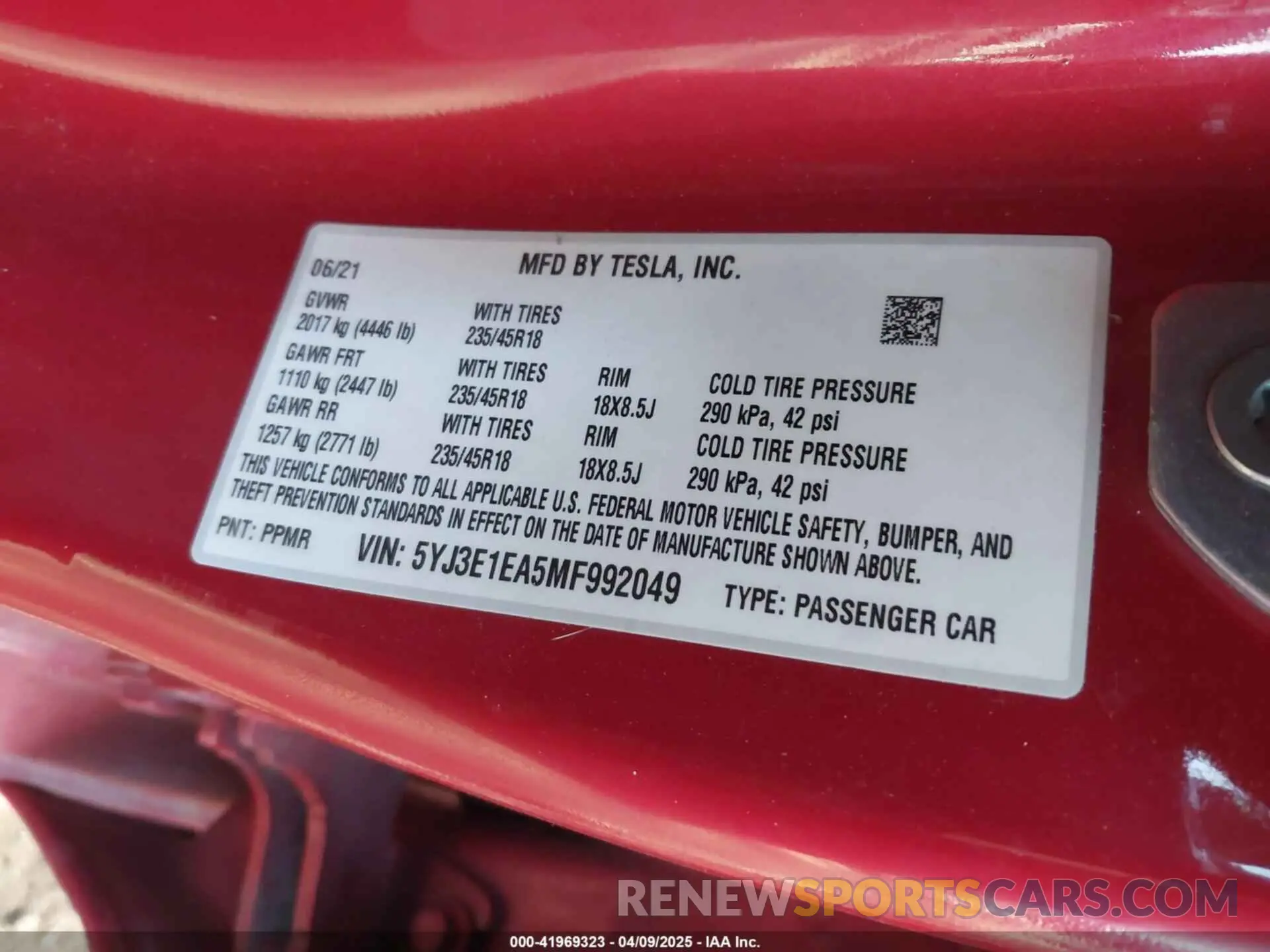 9 fotografías del automóvil dañado 5YJ3E1EA5MF992049 TESLA MODEL 3 2021