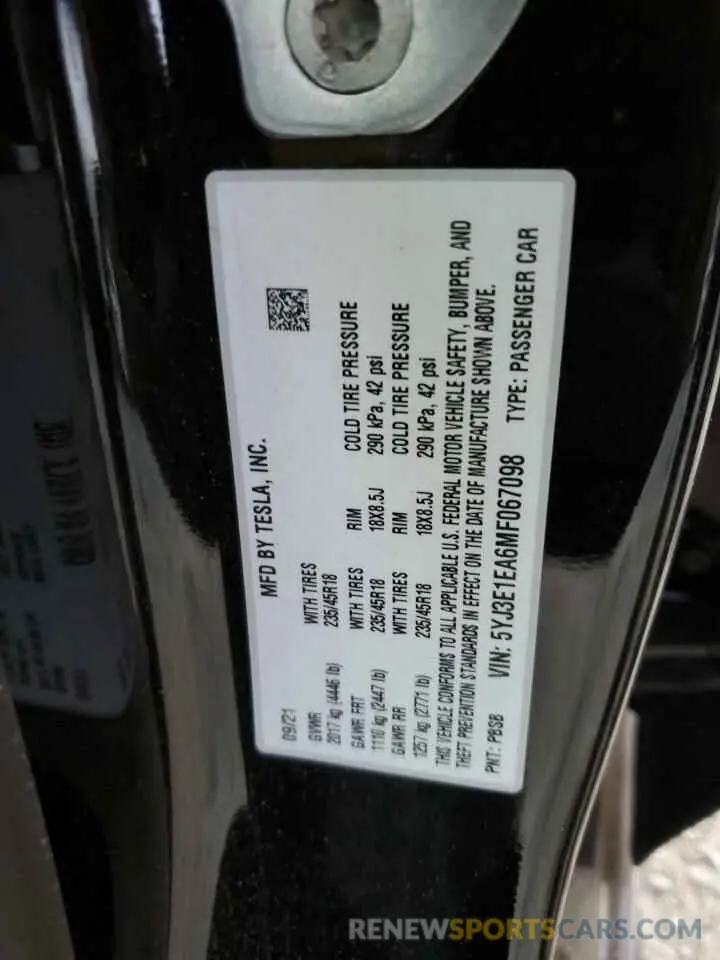 13 fotografías del automóvil dañado 5YJ3E1EA6MF067098 TESLA MODEL 3 2021