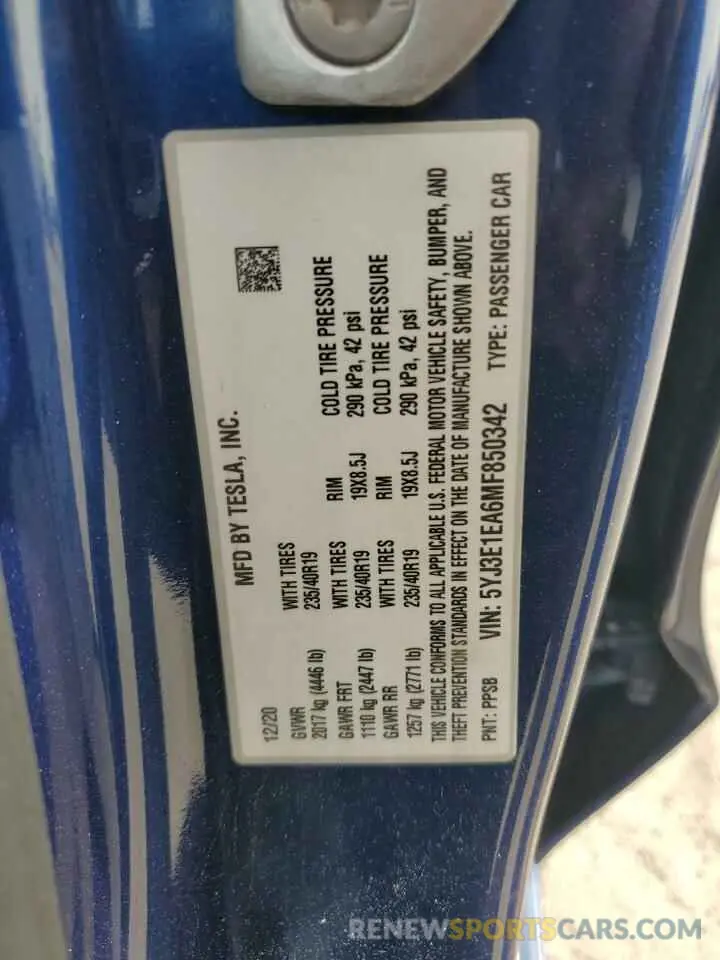 12 fotografías del automóvil dañado 5YJ3E1EA6MF850342 TESLA MODEL 3 2021