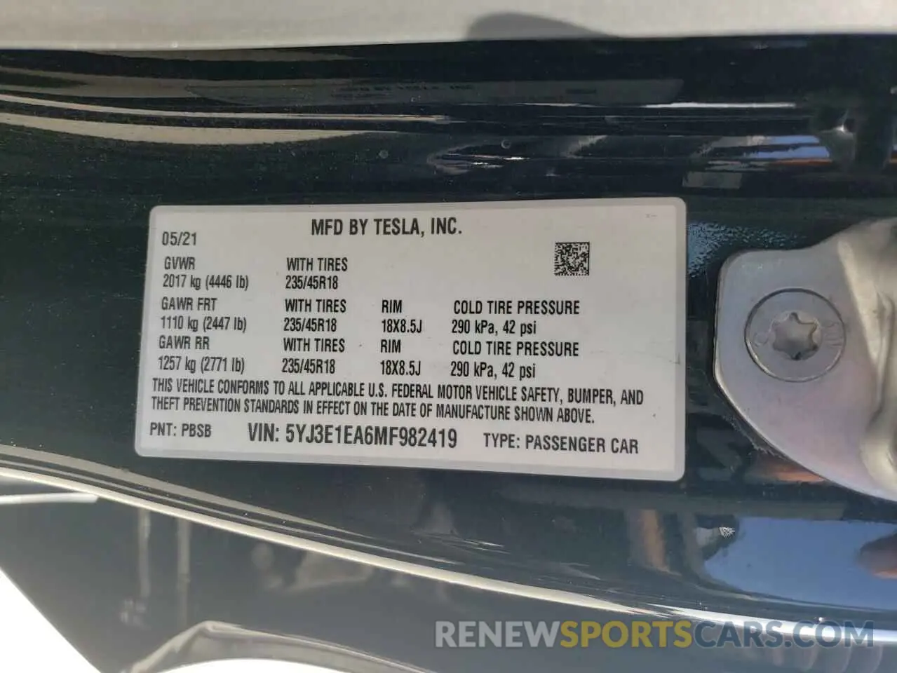 12 fotografías del automóvil dañado 5YJ3E1EA6MF982419 TESLA MODEL 3 2021