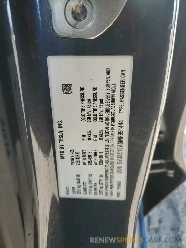 12 fotografías del automóvil dañado 5YJ3E1EA6MF991444 TESLA MODEL 3 2021