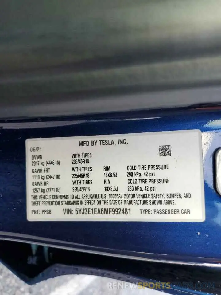 14 fotografías del automóvil dañado 5YJ3E1EA6MF992481 TESLA MODEL 3 2021
