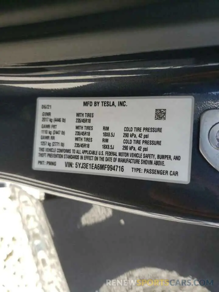 10 fotografías del automóvil dañado 5YJ3E1EA6MF994716 TESLA MODEL 3 2021
