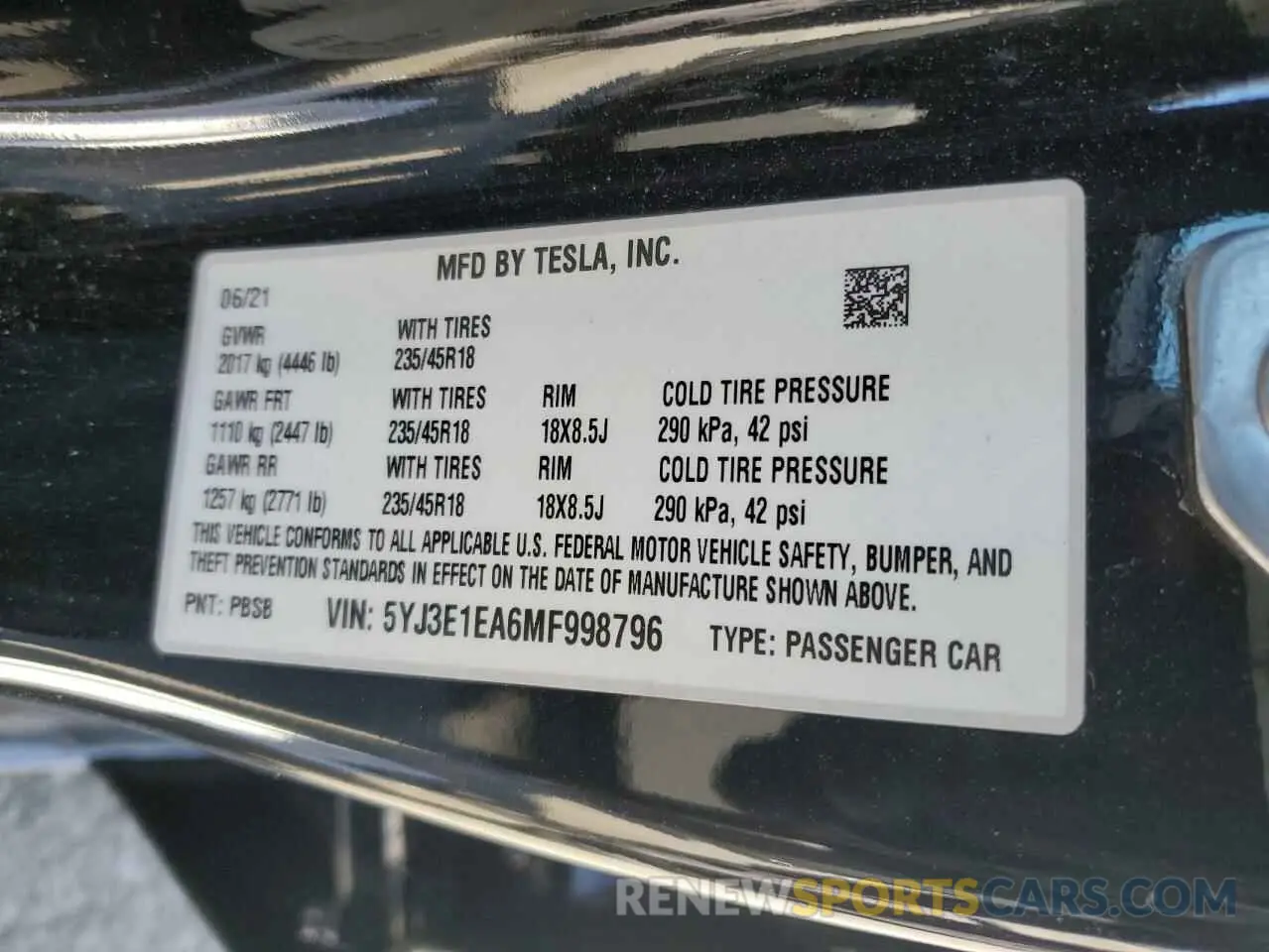 13 fotografías del automóvil dañado 5YJ3E1EA6MF998796 TESLA MODEL 3 2021