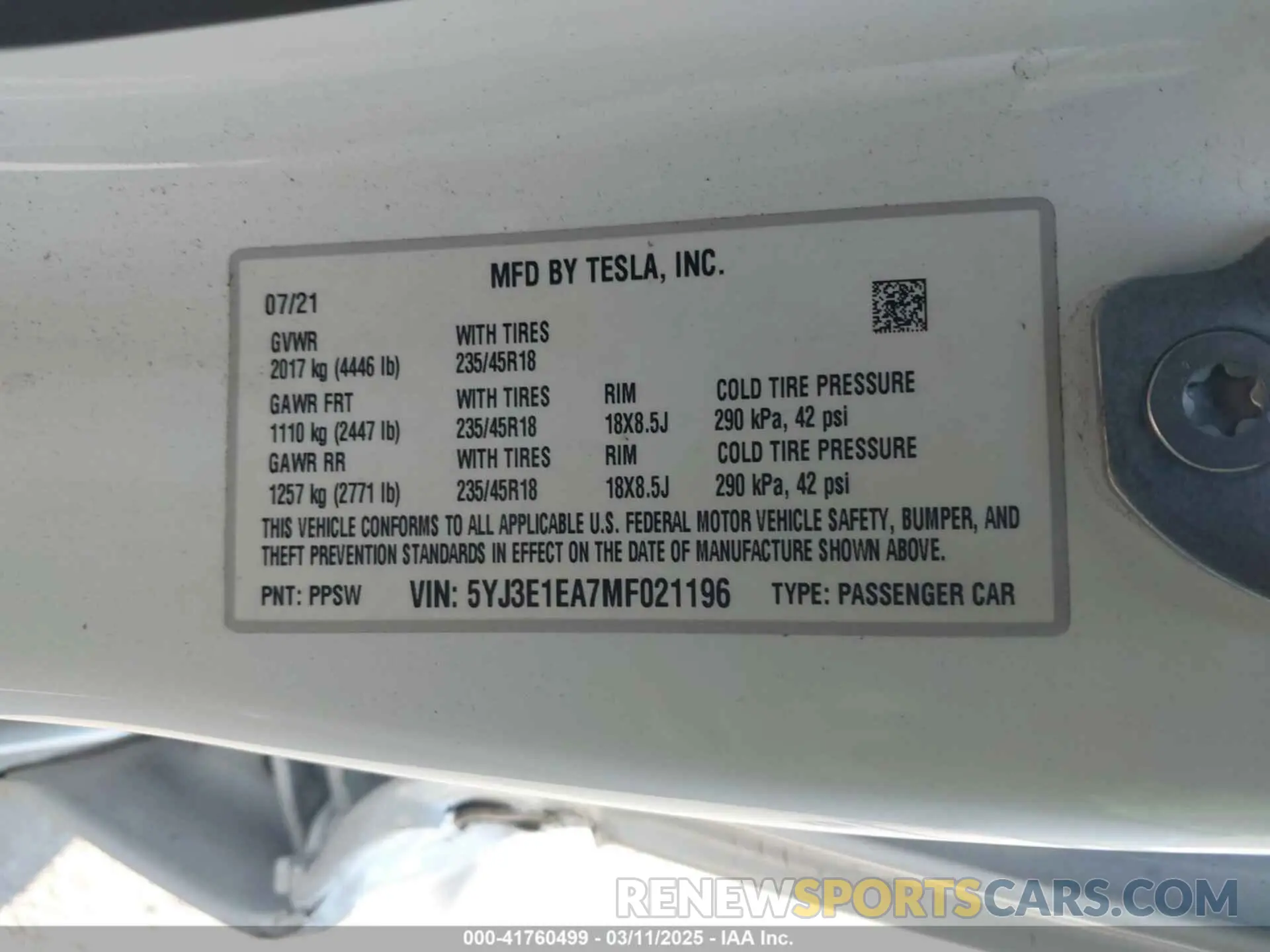 9 fotografías del automóvil dañado 5YJ3E1EA7MF021196 TESLA MODEL 3 2021