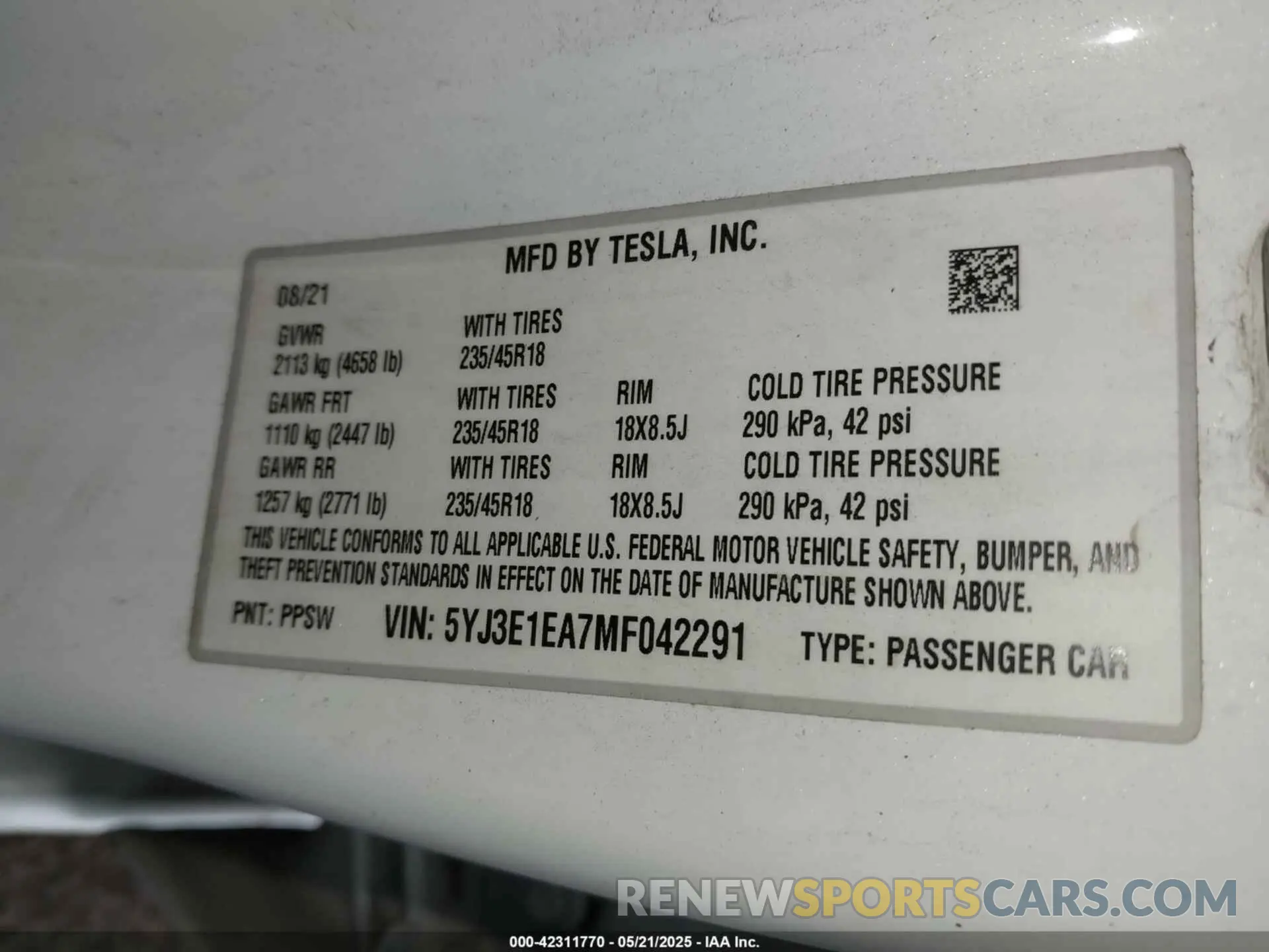 9 fotografías del automóvil dañado 5YJ3E1EA7MF042291 TESLA MODEL 3 2021