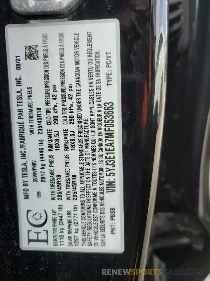 12 fotografías del automóvil dañado 5YJ3E1EA7MF053663 TESLA MODEL 3 2021