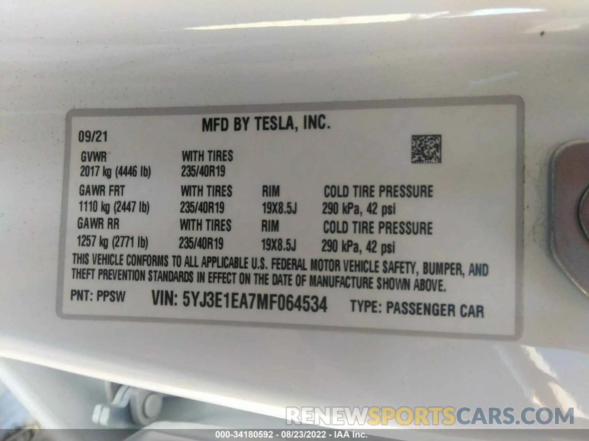 9 fotografías del automóvil dañado 5YJ3E1EA7MF064534 TESLA MODEL 3 2021